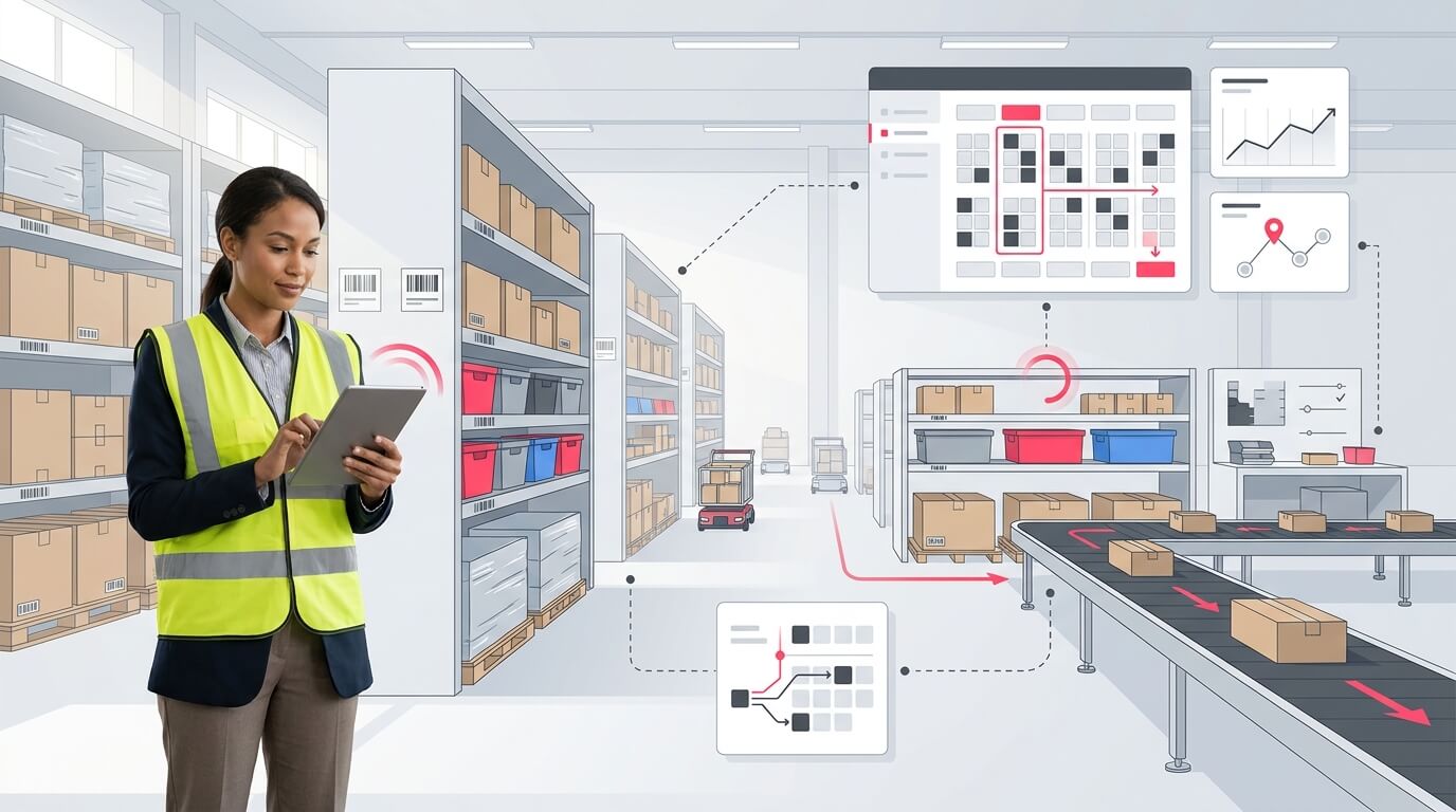 Warehouse slotting planned on a tablet, with a shelf layout map and pick charts beside a conveyor