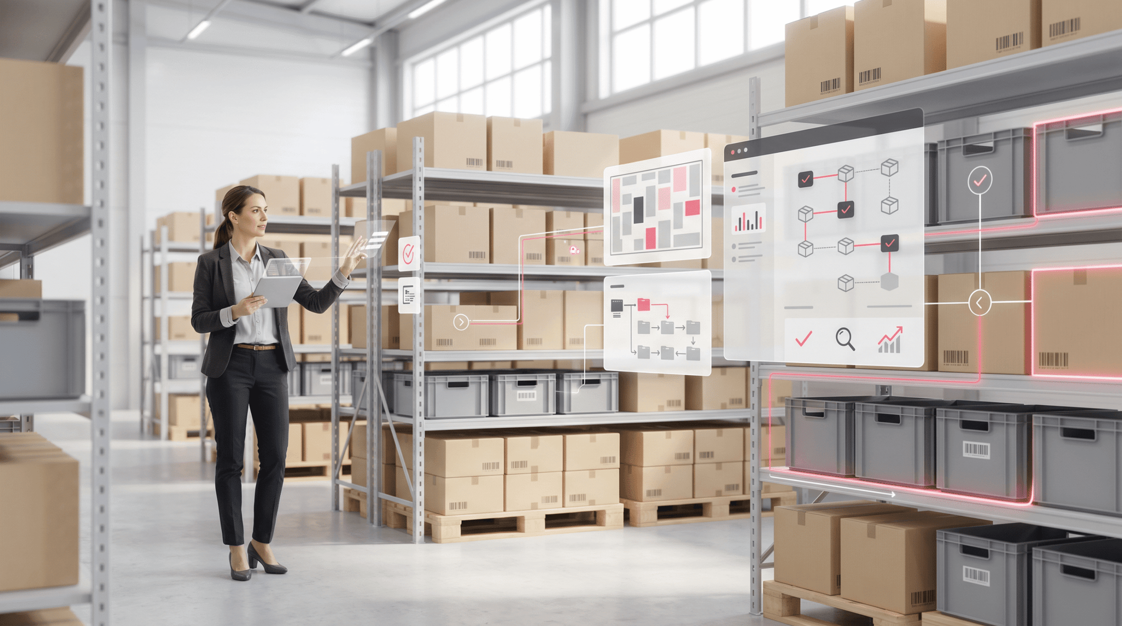 Warehouse stock location systems on a tablet, mapping bins and shelves as a manager walks the aisle