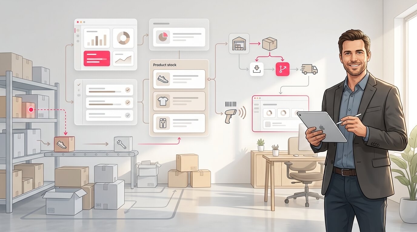 Inventory management design concept: a manager with a tablet surrounded by clear dashboards and workflow cards
