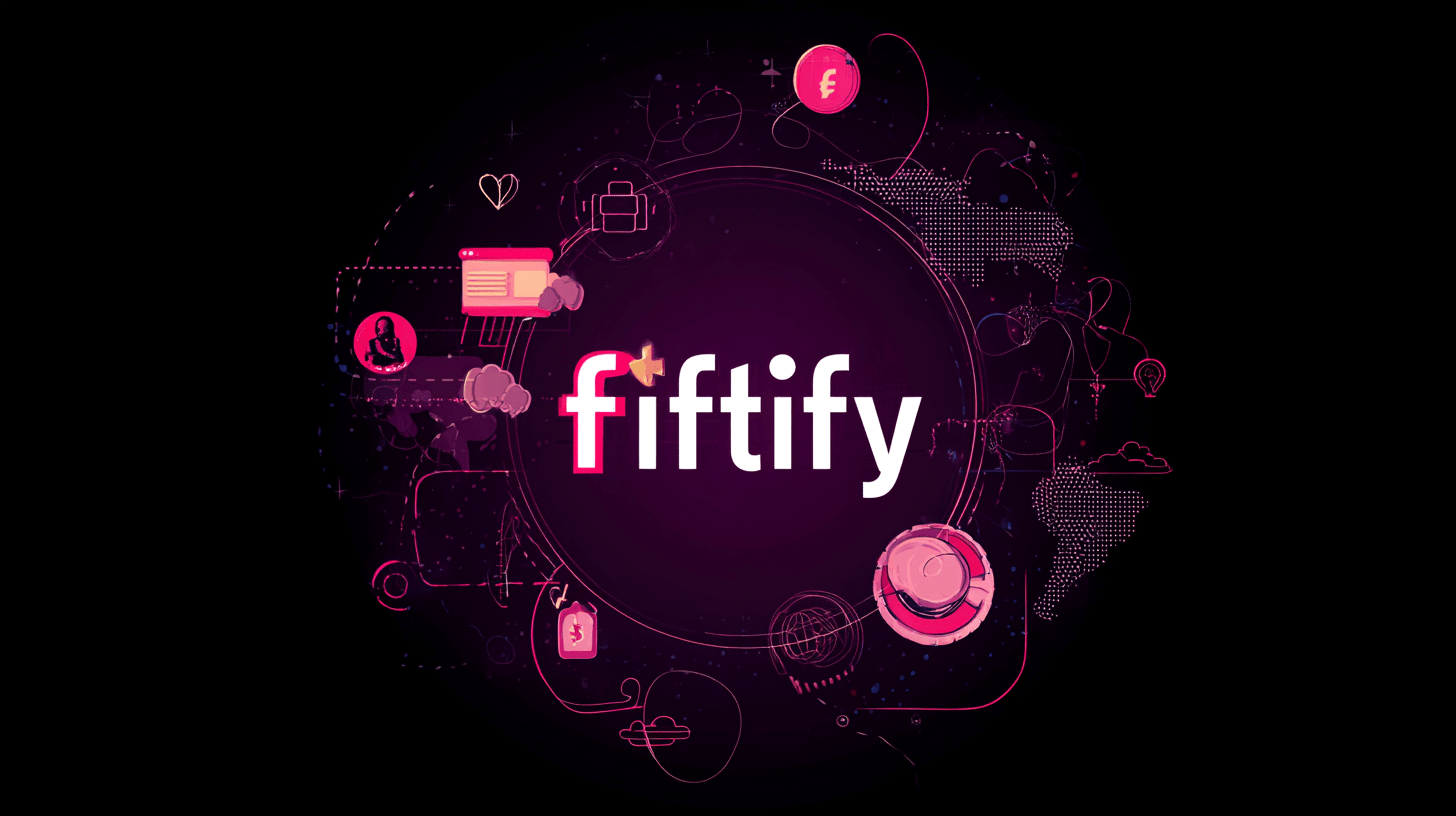 Fiftify brand graphic: glowing fiftify lettering surrounded by ecommerce icons on a black background