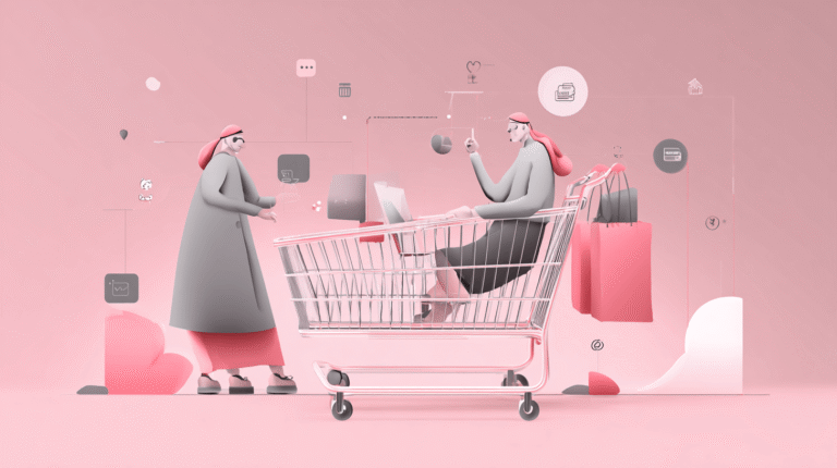 Reduce cart abandonment: two shoppers beside a full cart, one hesitating at checkout, on a pink background