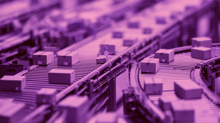 Automated inventory management: parcels moving along conveyor belts in a purple-tinted sorting facility