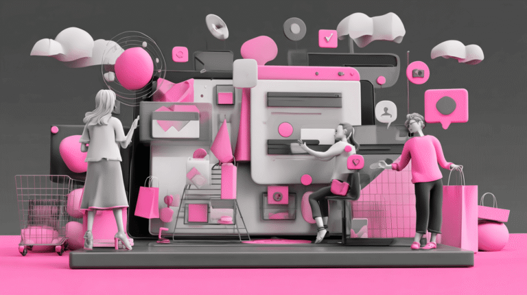 Omni channel marketing platform illustrated as shoppers and marketers around one big screen with chats and offers