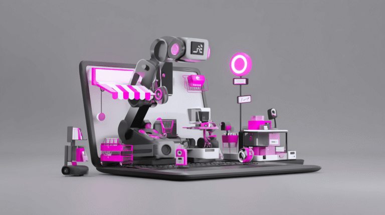 Ecommerce automation concept: a robotic arm works on a mini storefront built on top of a laptop