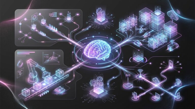 Ecommerce warehouse management concept: a glowing AI core linking racks, robots and order stations